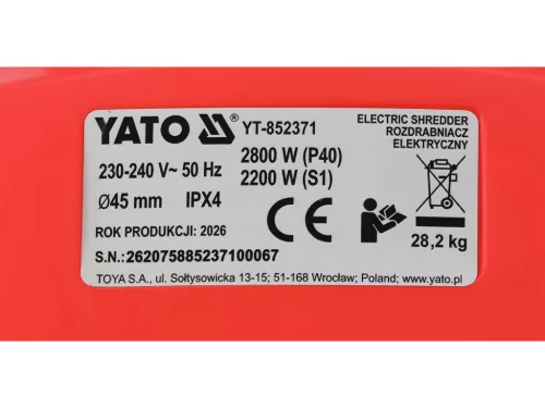 Yato elektromos ágaprító, csendes 2800 W