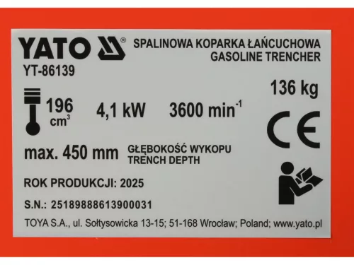 Yato benzinmotoros láncos kotró mélység 450 mm, motorhengerűrtartalom 196 cm3